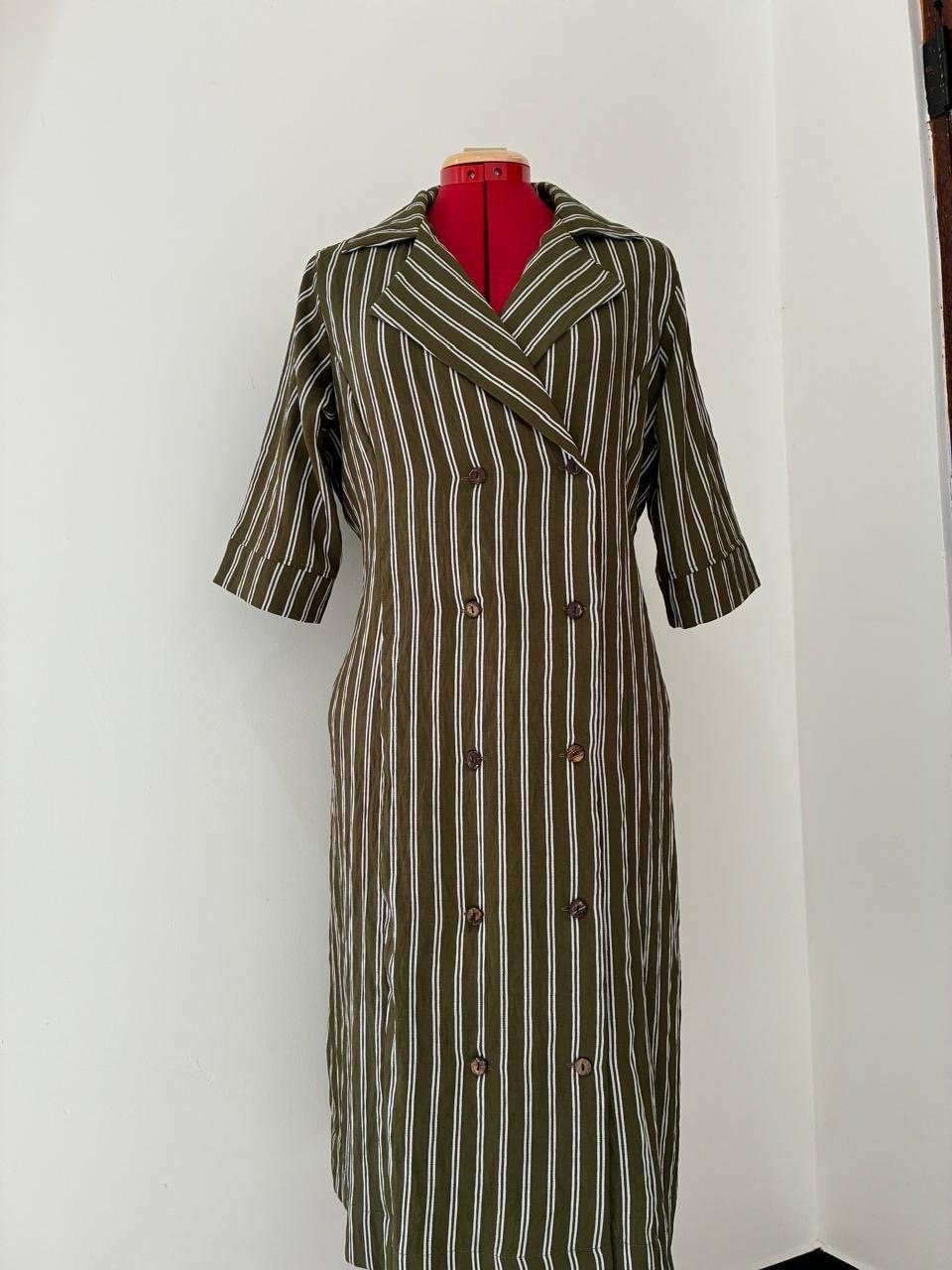 Olive Pinstripe Double-Breasted Coat Dress