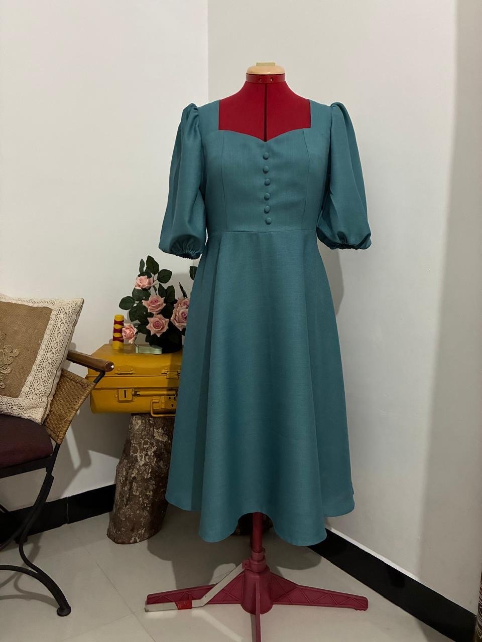 Turquoise Puff Sleeve Button Dress